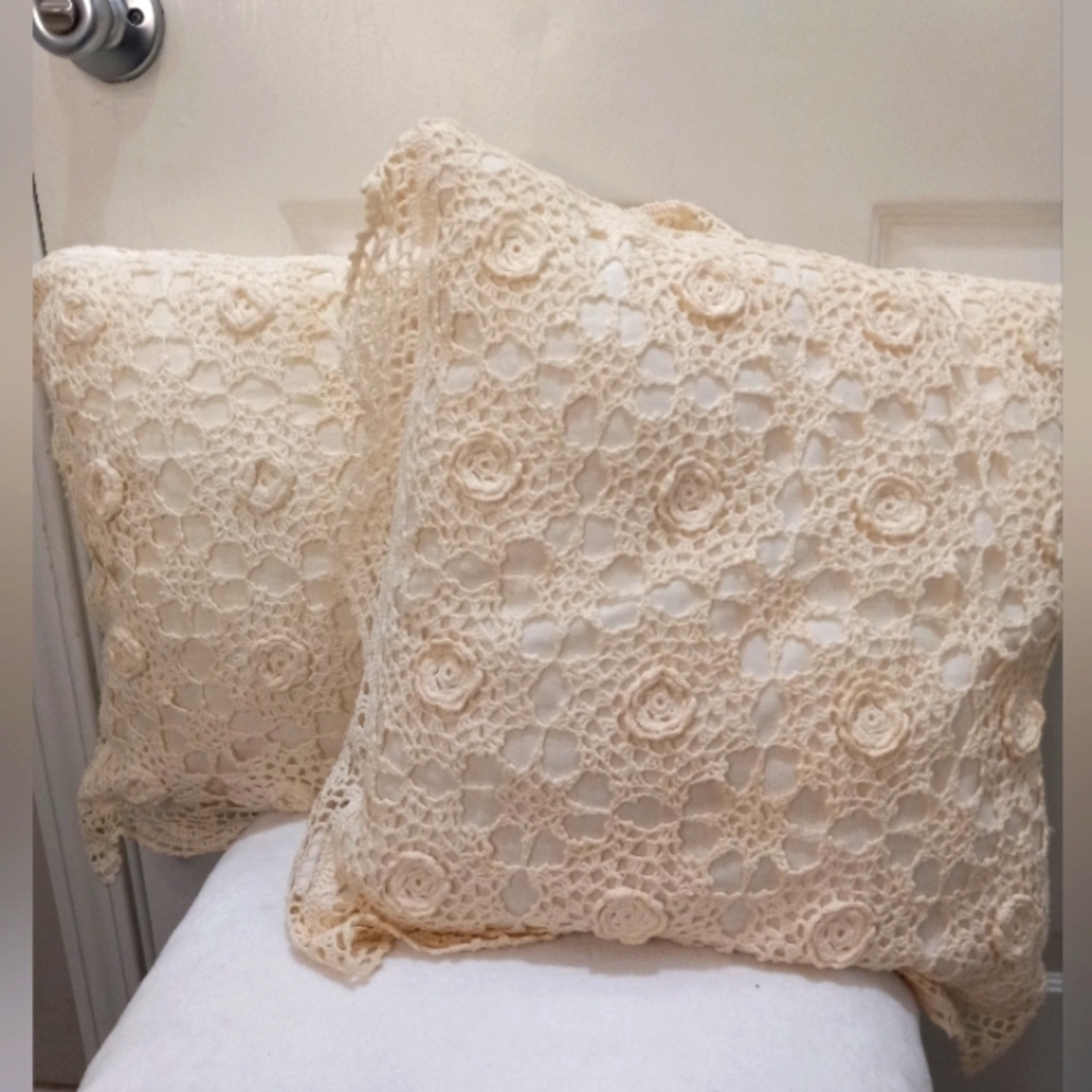 Two Crocheted Off White Pillows 16" X 16"